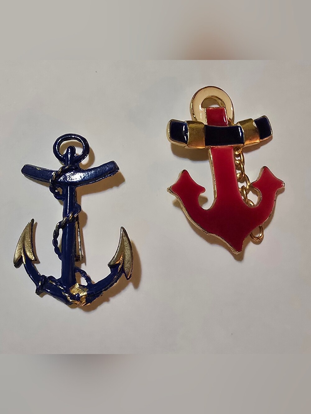 2 Vintage Nautical Anchor Pins Red & Navy Enamel Sailor Captain Yacht